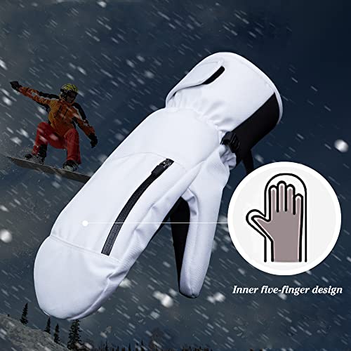 Guantes Invierno Hombre Mujer, Guantes Termicos Tactiles, Guantes Frio Extremo, Guantes Nieve Niño Niña, Esquí Snowboard Bicicleta Montaña Moto Ciclismo Deportes Impermeable Muy Cálidos (M, Blanco)