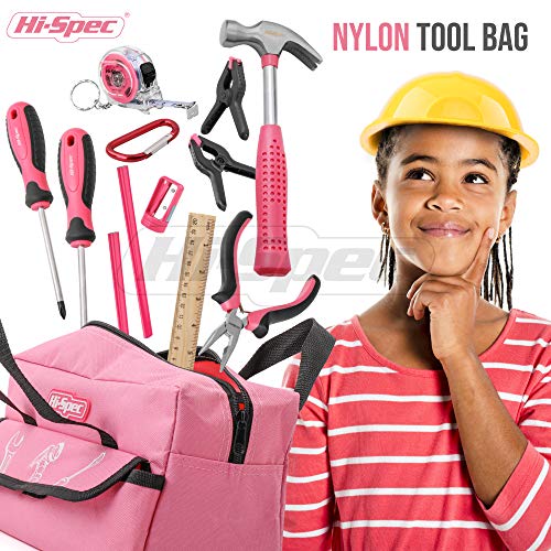 Hi-Spec Maletin de Herramientas Rosa para Niños de 18 Piezas. Bolsa de Herramientas. Herramientas manuales de Bricolaje de Metal Real para Niños y Principiantes.