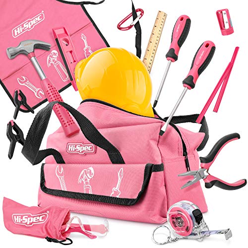 Hi-Spec Maletin de Herramientas Rosa para Niños de 18 Piezas. Bolsa de Herramientas. Herramientas manuales de Bricolaje de Metal Real para Niños y Principiantes.