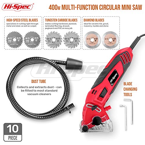 Hi-Spec Mini Sierra Circular Multifunción de 400W con Guía de Profundidad, Protector de Cuchilla, Tubo de Polvo Y 6 Cuchillas para Cortes Rectos o Profundos en Azulejos, Ideal para Madera Dura