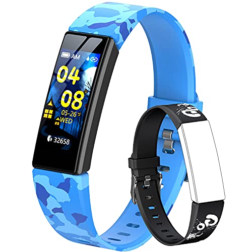 HOFIT Pulsera Actividad para Niños, Reloj Inteligente con Podómetros, Monitor de Frecuencia Cardíaca y Sueño, Cronómetro, Pulsera Deportiva Banda Inteligente con 2 Pulseras (Azul Camuflaje)