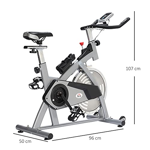 HOMCOM Bicicleta Estática de Ejercicio con Sillín Ajustable Volante de Inercia de 13kg Resistencia Manillar Regulables Pantalla LCD 96x50x107cm Acero Plata