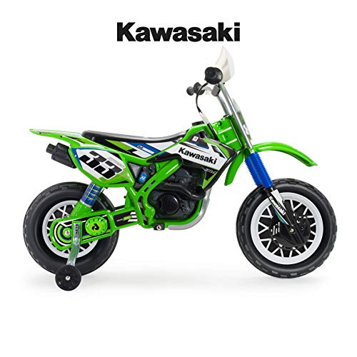 INJUSA - Moto Cross Thunder Kawasaki 12V con puño Acelerador licenciada, Recomendada a niños +3 años, Color Verde (6835)