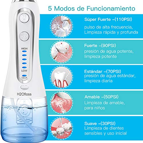 Irrigador Bucal Portátil, Irrigador Dental Profesional con 5 Modos, Boquillas Reemplazables, USB Recargable, IPX7 Impermeable, Irrigadores dentales para el Uso Diario y Viajes