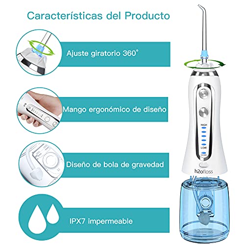 Irrigador Bucal Portátil, Irrigador Dental Profesional con 5 Modos, Boquillas Reemplazables, USB Recargable, IPX7 Impermeable, Irrigadores dentales para el Uso Diario y Viajes