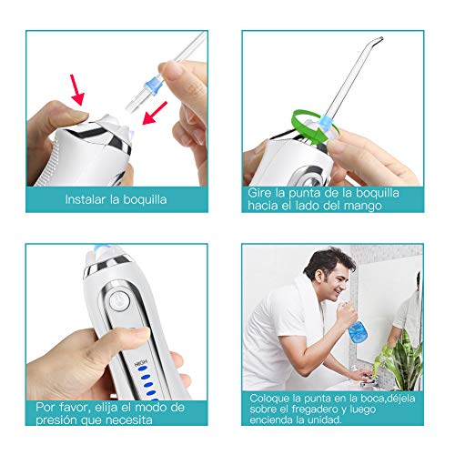 Irrigador Bucal Portátil, Irrigador Dental Profesional con 5 Modos, Boquillas Reemplazables, USB Recargable, IPX7 Impermeable, Irrigadores dentales para el Uso Diario y Viajes