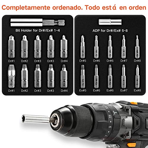 Jellas 22PCS Extractor de Tornillos, Brocas de Pulido Separadas y Brocas de Extracción, Magnetizado y Adaptador para Tornillos y Pernos Dañados Desde 2mm hasta 12mm, Dureza 64-65HRC, SE22