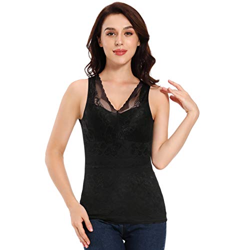 Joyshaper Camiseta térmica para mujer con cuello en V, ropa interior térmica de forro polar, sin mangas, camisola, térmica, con tirantes, Punta negra., S