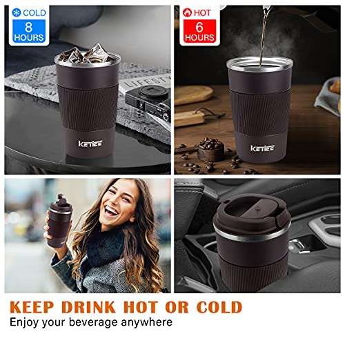 KETIEE Taza de Café,380ml Taza de Viaje Aislada,Taza Térmica Reutilizable,Tazas de Café de Doble Pared,Taza de Viaje para Café,Vaso-Termo-Cafe para Llevar,Taza de Café Reutilizable,Marrón