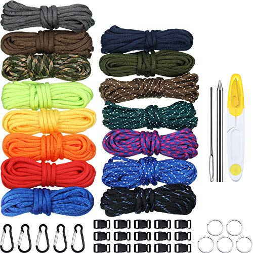 Kits de Paracord Elaboración Combinada, 150 Pies 15 Colores Cuerda de Paracaídas con Hebilla Anilla de Llavero y 3 Piezas Agujas de Paracord Kit de Agujas de Coser