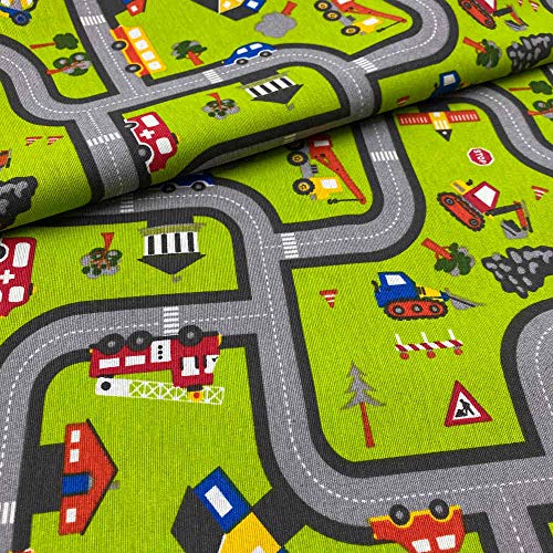 Kt KILOtela Tela de loneta Estampada - Retal de 100 cm Largo x 280 cm Ancho | Carreteras y Coches - Verde ─ 1 Metro