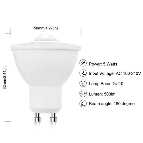 Luxvista 4-Unidades 5W GU10 Led Bombillas con Sensor de Movimiento, Equivalenta a 50W incandescente, Lámpara de Auto On/Off PIR Infrarrojo Detección, para Entrada(Luz Fría 6000K, No Regulable)