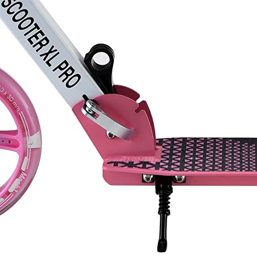 Mach1 Patinete Kick de aluminio para ciudad, tamaño grande de 200 mm, luz LED, ruedas con luces LED, ruedas para adultos y niños, plegable, patinete plegable (XL, blanco y rosa)