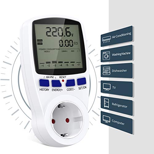 Medidor de Consumo Eléctrico con Dual Tarifa, Maxcio Enchufe Medidor de Costo de Electricidad con Pantalla LCD Reteción de Datos Medidor de Energía para Toma 3680W MAX, 2 Pack