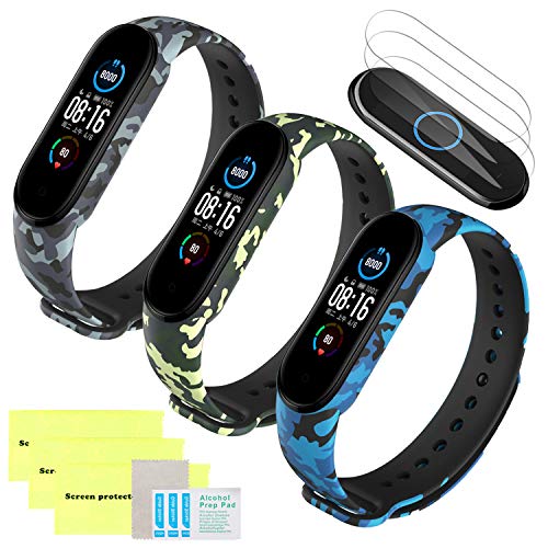 Mi-Case Correa de Silicona Compatible para Xiaomi Mi Band 6 / Mi Band 5 + [3 Pack] Protector de Pantalla, Ajustable Banda Repuesto Pulsera Compatible para Xiaomi Mi Band 6-3 Pcs Serie de Camuflaje