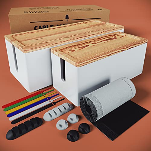 Nature Supplies 2 Cajas para Organizar Cables Hecha en Madera de Pino - 1 Caja Organizadora Mediana para Escritorio, 1 Organizador Grande para Piso (Blanco)