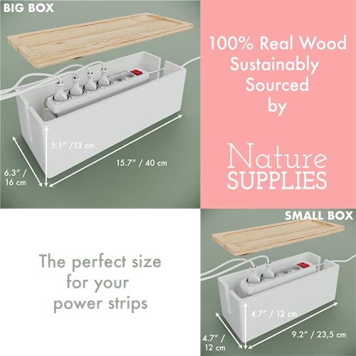 Nature Supplies 2 Cajas para Organizar Cables Hecha en Madera de Pino - 1 Caja Organizadora Mediana para Escritorio, 1 Organizador Grande para Piso (Blanco)