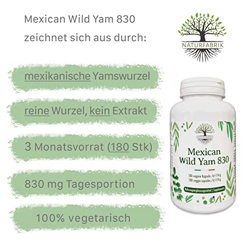 NATURFABRIK® Ñame silvestre mexicano | raíz pura de ñame de México | 180 cápsulas | 830 mg de porción diaria | alta dosis de hierbas | suministro para 3 meses | ñame mexicano