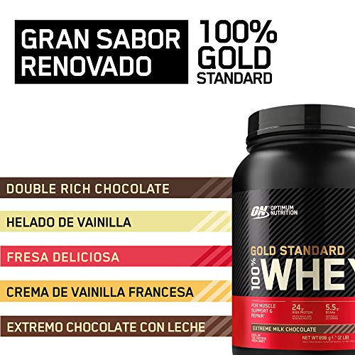 Optimum Nutrition Gold Standard 100% Whey Proteína en Polvo, Glutamina y Aminoácidos Naturales, BCAA, Extremo Chocolate, Leche, 28 Porciones, 896 g, Embalaje Puede Variar