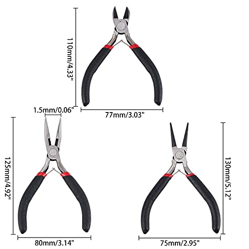 PandaHall Juegos de Herramientas de joyeria de Acero Pulido alicates de Corte Lateral alicates cortadoras de Alambre alicates de Punta Redonda para bisuteria Negro 105~125x61~62 mm; 3 Piezas/Juego