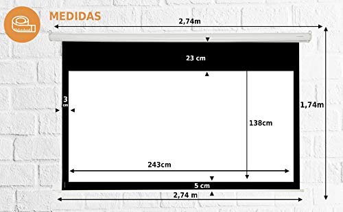 Pantalla de proyeccion electrica Luxscreen 110" Pulgadas, Formato 16:9, área Visible Blanca 243 x 138cm, cajetín de 2,74 Metros, Incluye Mando a Distancia