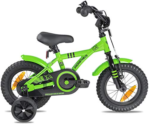 Prometheus Bicicleta para niños de 2 a 5 años | Bicicleta Infantil 3 años para niñas 12 Pulgadas con ruedines en Verde y Negro