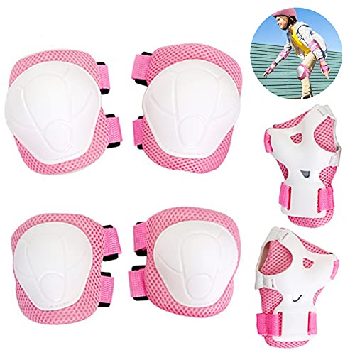 Protecciones Patines niño,Rodilleras Ajustables 6 en 1,Almohadillas para Rodillas,Protecciones Bicicleta,Set de Protección Patinaje Infantil,Rodilleras Bicicleta Rodilleras Coderas Muñequeras (Rosa)