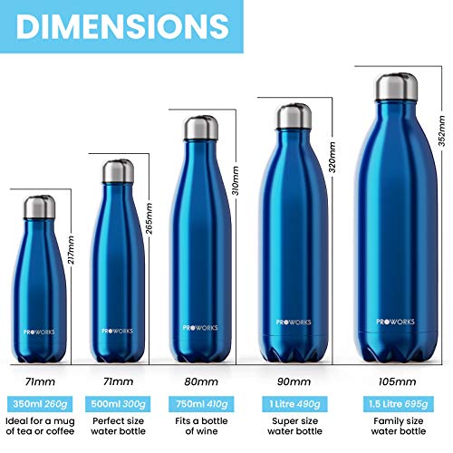 Proworks Botellas de Agua Deportiva de Acero Inoxidable | Cantimplora Termo con Doble Aislamiento para 12 Horas de Bebida Caliente y 24 Horas de Bebida Fría - Libre de BPA - 500ml – Azul Metalizado