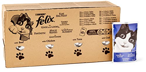 Purina Felix Le Ghiottonerie - Comida húmeda para Gatos con Berenjena, Pollo, Bacalao y atún, 80 Bolsas de 100 g