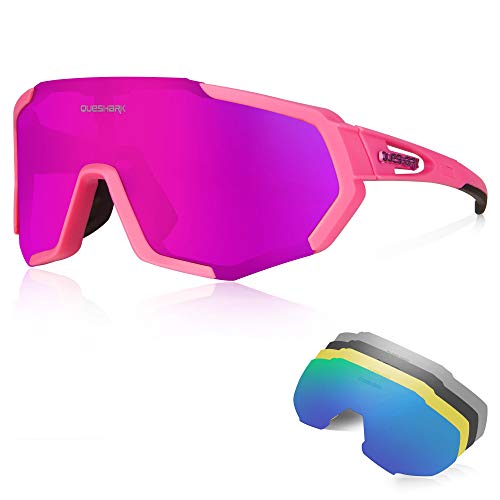 Queshark Gafas Ciclismo CE Certification 1 Polarizadas 4 HD Lentes Intercambiables UV 400 Gafas,Corriendo,Moto MTB Bicicleta Montaña,Camping y Actividades al Aire Libre para Hombres y Mujeres TR-90