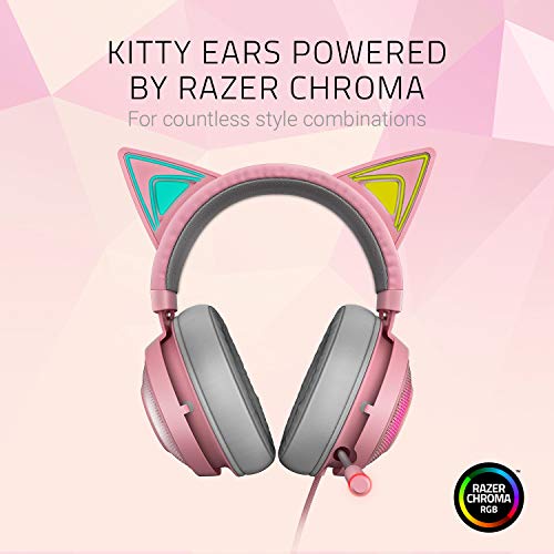 Razer Kraken Kitty - Auriculares para juegos, tipo oreja de gato con iluminación cromática RGB, micrófono con reducción activa de ruido, audio espacial THX, controles en el auricular, Rosa (Quartz)