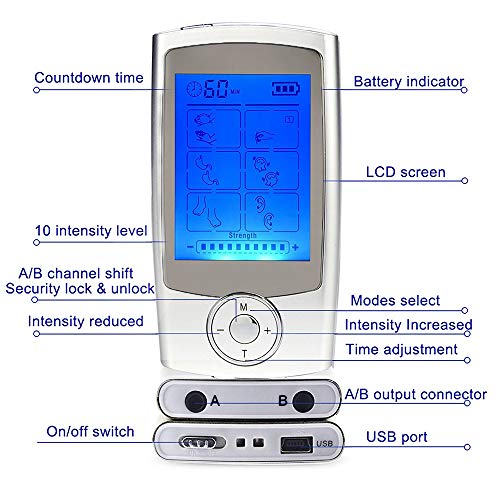 ROOTOK TENS/EMS Electroestimulador Digital, para aliviar el Dolor Muscular y el fortalecimiento Muscular, Masaje, Pantalla LCD, 2 Canales, 8 electrodos autoadhesivos, Color Plata