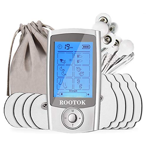 ROOTOK TENS/EMS Electroestimulador Digital, para aliviar el Dolor Muscular y el fortalecimiento Muscular, Masaje, Pantalla LCD, 2 Canales, 8 electrodos autoadhesivos, Color Plata