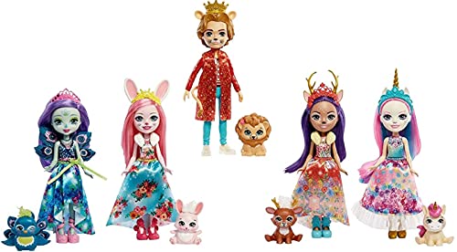 Royal Enchantimals Pack 5 muñecos con mascota, ropa de gala y accesorios de juguete, regalo para niñas y niños +4 años (Mattel HCJ18)