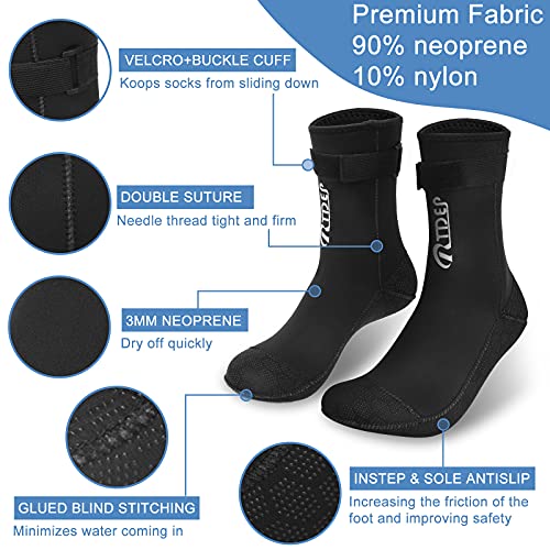 RTDEP Calcetines de neopreno de 3 mm para mujer y hombre, calcetines de neopreno de corte alto con hebilla térmica antideslizante, botas de traje de baño para vela de agua abierta, Negro, L