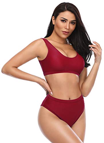 SHEKINI Bikini de Mujer Trajes de Baño de Dos Piezas Low Scoop Top de Cosecha Baja de Cuchara High Waisted Brasier Deportivo Top Racerback (M, Vino Tinto)