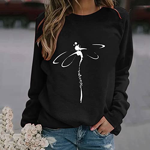 SHOBDW Mujer Sudadera 2021 Nuevo Pullover Suéter Libélula Estampada Cuello O Estilo Deportivo Chaqueta Sweatshirt Adolescentes Otoño Invierno Liquidación Venta（Negro，XL）