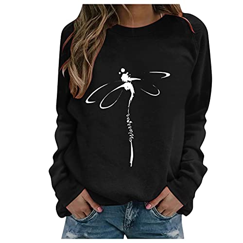 SHOBDW Mujer Sudadera 2021 Nuevo Pullover Suéter Libélula Estampada Cuello O Estilo Deportivo Chaqueta Sweatshirt Adolescentes Otoño Invierno Liquidación Venta（Negro，XL）