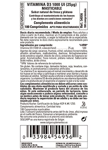 Solgar Vitamina D3 1000 UI (25 μg), Huesos, Músculos y Sistema Inmune sanos, Sabor Fresa Plátano, 100 Comprimidos masticables