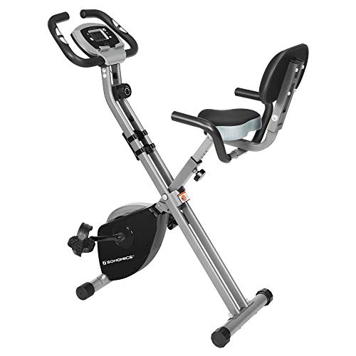 SONGMICS Bicicleta de Ejercicio, Bicicleta Estática, Bicicleta Fitness en Casa, Plegable con Respaldo, Sensor de Pulso, 8 Niveles de Resistencia Magnética, Peso Máx. 100 kg, Negro y Gris SEB012B01