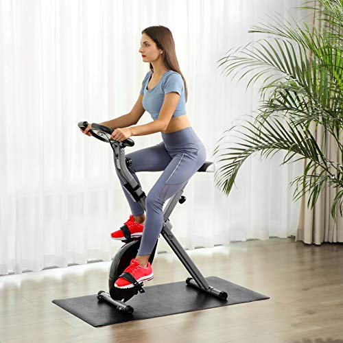 SONGMICS Bicicleta Estática, Bicicleta Fitness, Entrenador Plegable Indoor, 8 Niveles de Resistencia Magnética, con Alfombrilla, Sensor de Pulso, Soporte Telefónico, 100 kg Máx. Negro SXB11BK