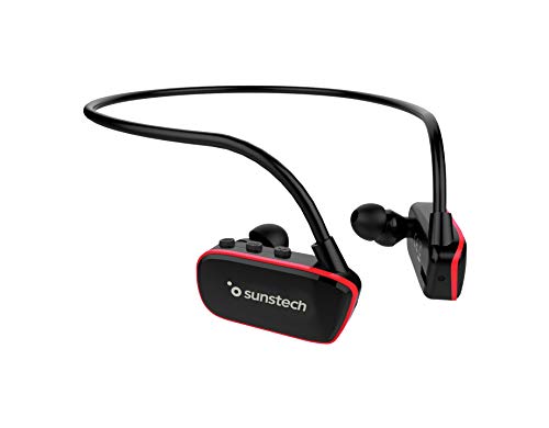 Sunstech Argos - Reproductor MP3 de 8GB, Sumergible, Impermeable, IPX8, Diseñado para el Deporte y la Natación, Batería Recargable 200 mAh, Almohadillas Terrestres y Acuáticas Incluidas, Negro/Rojo