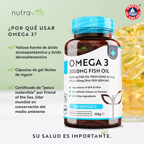 Superfuerza Omega 3 2000mg - 240 Capsulas Gel - Máxima Concentración de EPA 660mg y DHA 440mg - Aceite Concentrado de Pescado de Aguas Frías - Suministro 4 Meses - Hecho por Nutravita