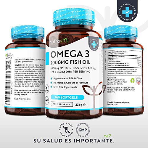 Superfuerza Omega 3 2000mg - 240 Capsulas Gel - Máxima Concentración de EPA 660mg y DHA 440mg - Aceite Concentrado de Pescado de Aguas Frías - Suministro 4 Meses - Hecho por Nutravita