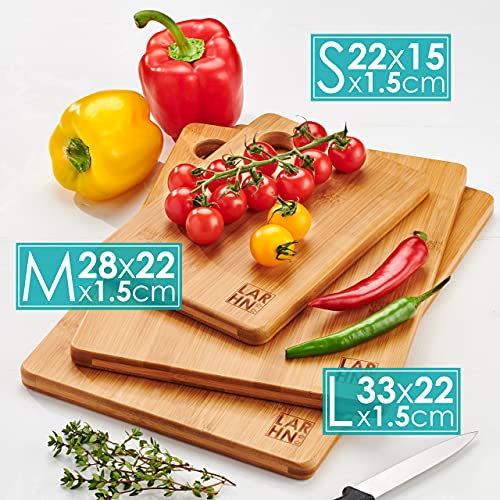 Tablas De Cortar Cocina en Madera Premium Extra-Gruesas - Juego de 3 Piezas en Madera de Bambú Para Picar - 33x22cm / 28x22cm / 22x15cm - Ideal Para Carnes, Verduras, Queso y Pan