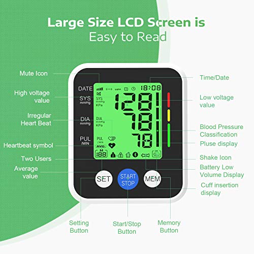 Tensiómetro de brazo, OUDEKAY Monitor de Presión con pantalla de LCD, Tensiómetro de Brazo Digital, Brazalete grande de 22-42 cm, Detección de Frecuencia Cardíaca Irregular, 2 x 99 mediciones