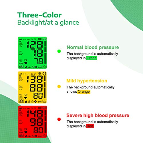 Tensiómetro de brazo, OUDEKAY Monitor de Presión con pantalla de LCD, Tensiómetro de Brazo Digital, Brazalete grande de 22-42 cm, Detección de Frecuencia Cardíaca Irregular, 2 x 99 mediciones