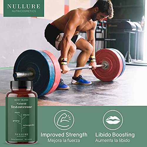 Testosterona Hombre Natural Nullure | Mejora Rendimiento y Potenciador del Deseo Masculino - Maca + Zinc + Ashwagandha + Ginseng + Tribulus Terrestris + Vitamina D + Fenogreco - 120 cápsulas (2 meses)