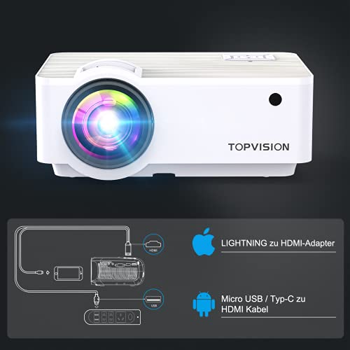 TOPVISION Proyector Cine en Casa de 7000 Lúmenes, 1080P Nativo Mini Proyector Portátil, Proyector LCD 1080P Full HD de 120000 Horas con Pantalla Máx de 300", Compatible con HDMI/VGA/USB/AV/SD