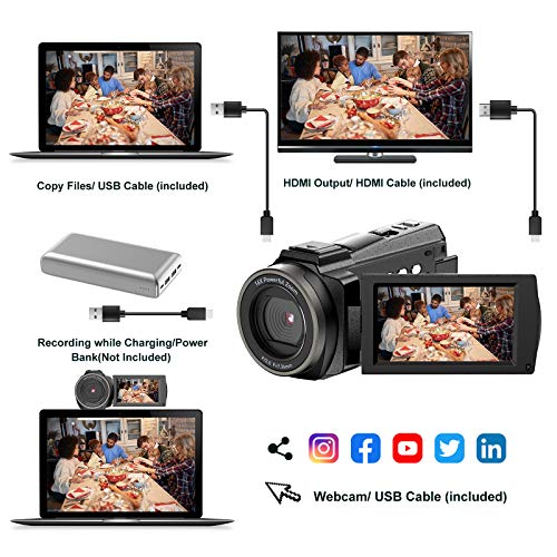 Videocámara 4K de 48 MP con Wi-Fi y visión nocturna infrarroja, cámara para blogs de vídeo con zoom digital 16X, videocámara con micrófono, soporte para cámara y parasol para objetivo